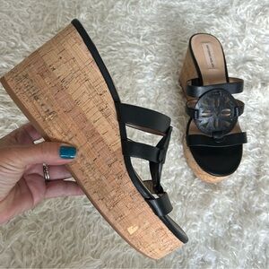 Antonio Melani Quinnlynn Leather Black Cork Platform Wedge Heel Sandals Sz 9
